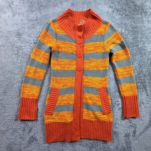 Tulle S Womens Long Cardigan Sweater Orange Yellow Gray Striped Mock Neck